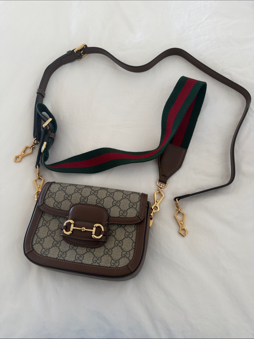Gucci GG Canvas Crossbody Bag with Brown Leather and Green-Red Strap